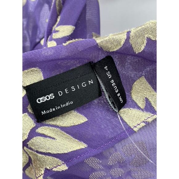 ASOS Women's Purple-Beige Floral Print Long Sleeve V-Neck Open Back Top SZ 4 - Picture 9 of 10